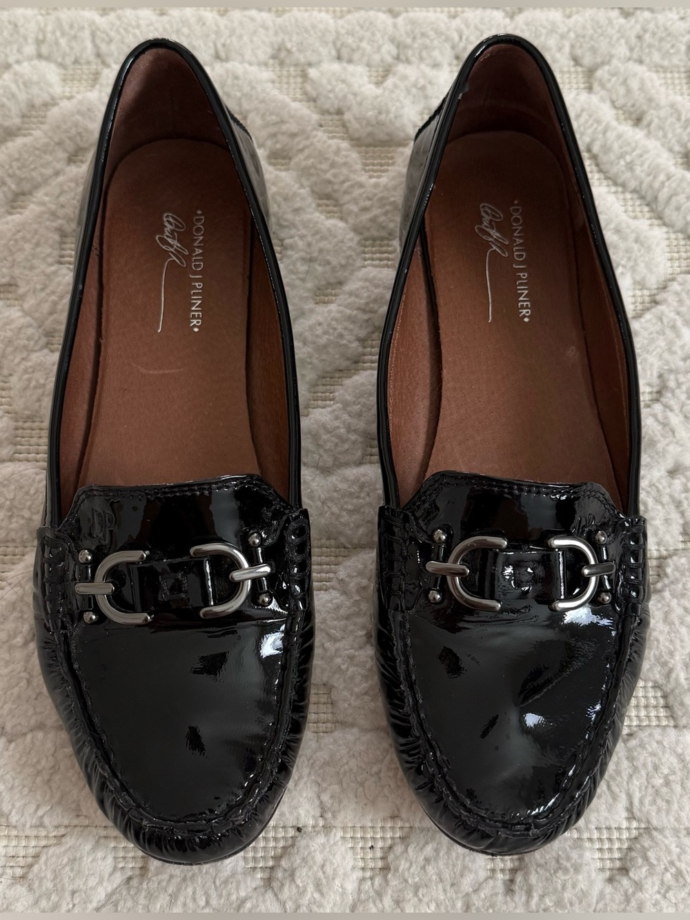 Donald J Pliner Diona Black Patent Leather Horsebit Loafers Flats 8.5M Preppy